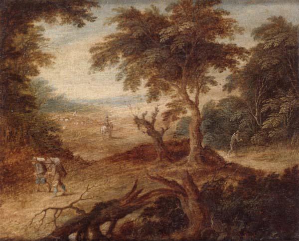 unknow artist A wooded landscape with travellers and a horseman on a track oil painting picture